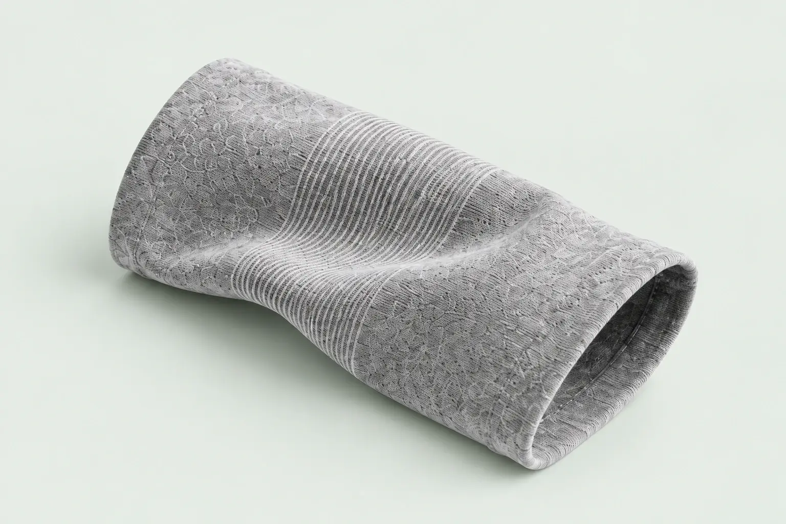 A gray knit sleeve folded on a pale surface