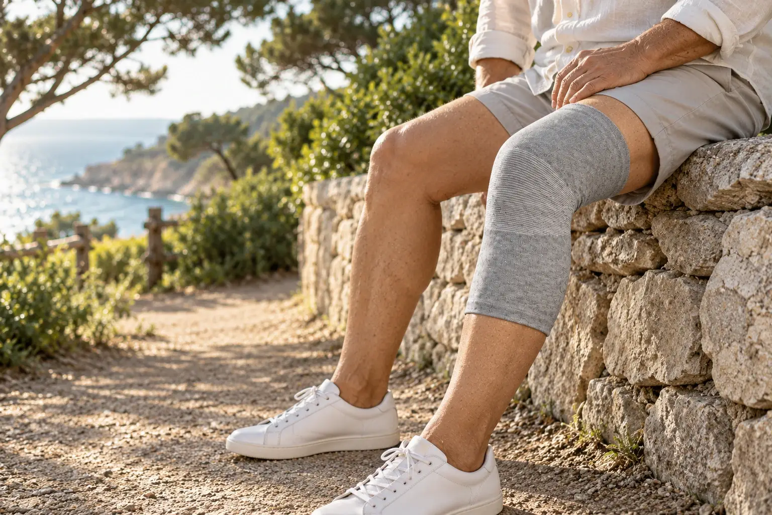 A gray knee sleeve worn while seated beside a coastal path