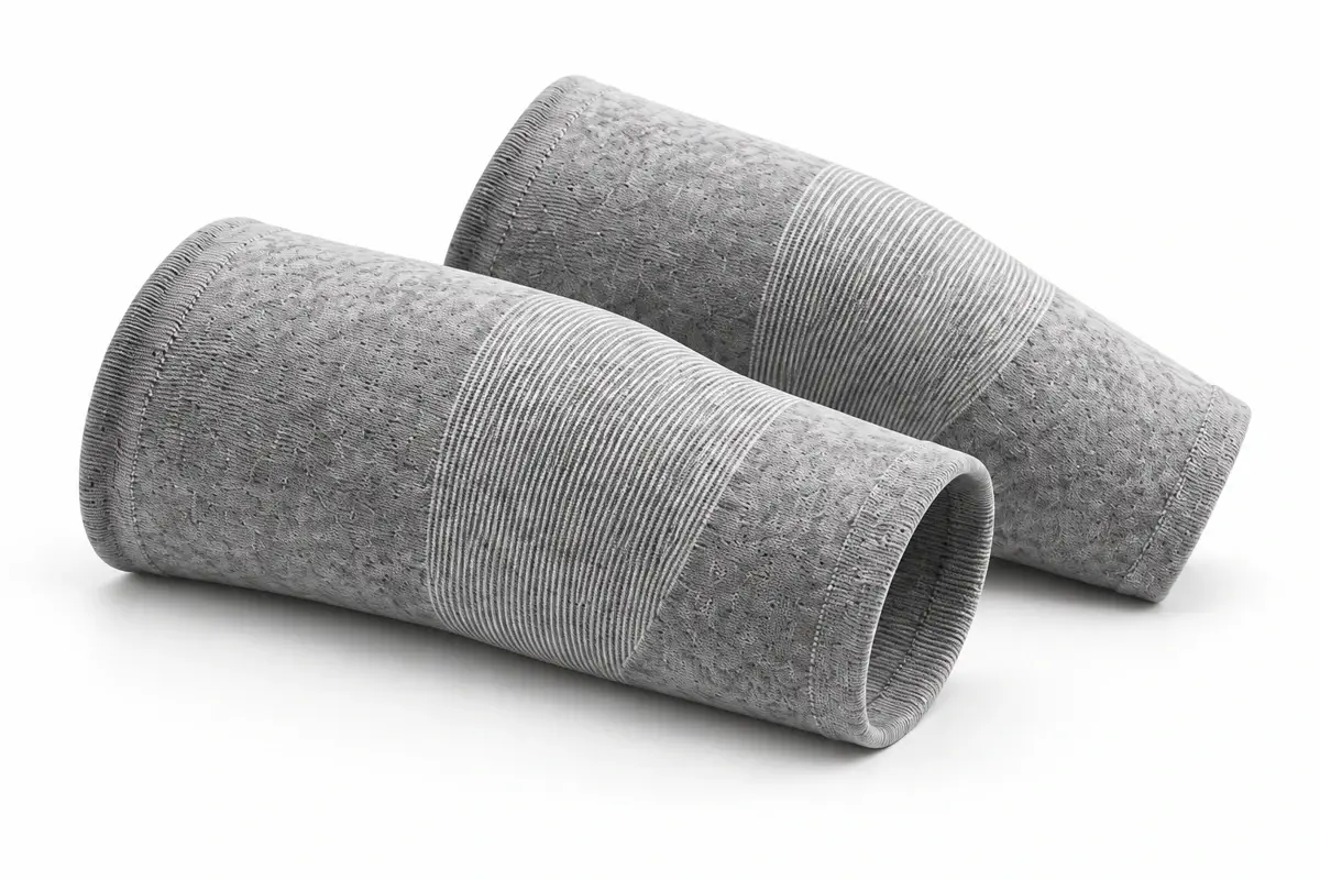 Two soft gray Viloer Bamboo Knee Sleeves on a white surface