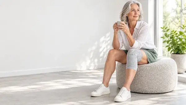 A woman wearing a gray knee sleeve while relaxing at home