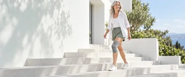 A woman wearing a knee sleeve on bright outdoor steps
